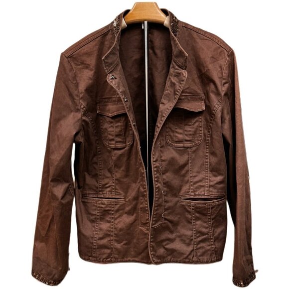 Apt 9 Sequin Embellished Utility Style Brown Jacket Pockets Button Front Large - Picture 4 of 9